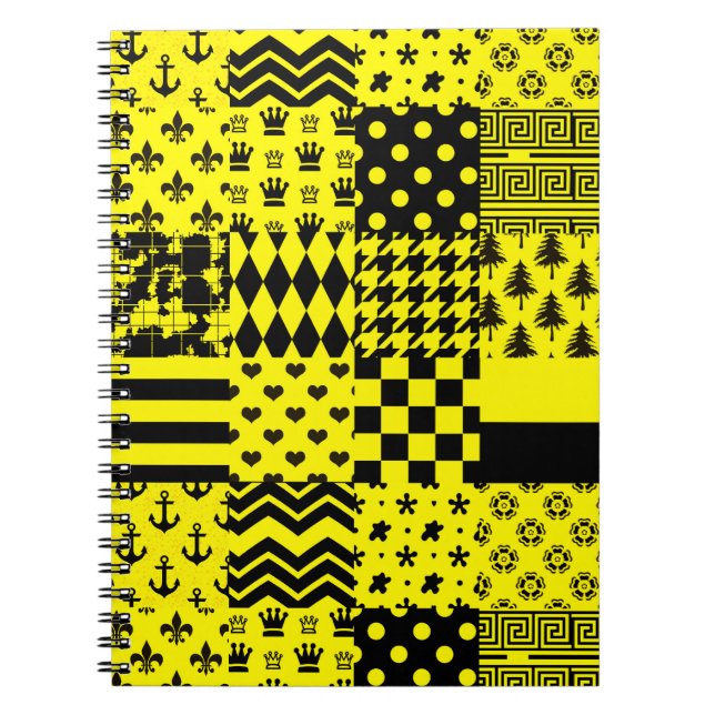Yellow Black Mixed Patterns Patchwork Design  Notebook (Front)