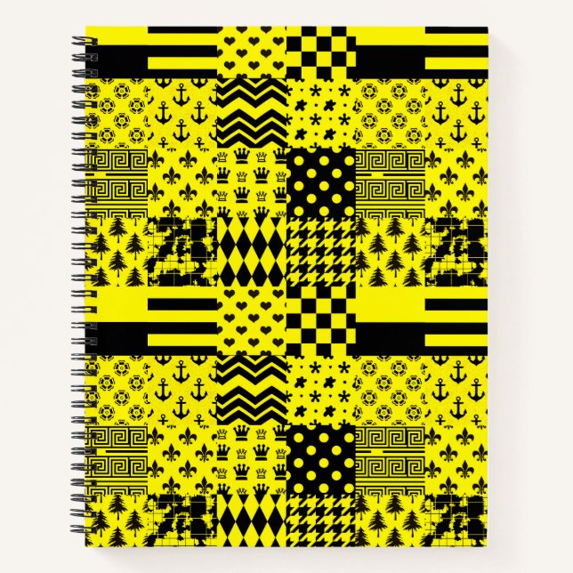 Yellow Black Mixed Patterns Patchwork Design  Notebook (Front)