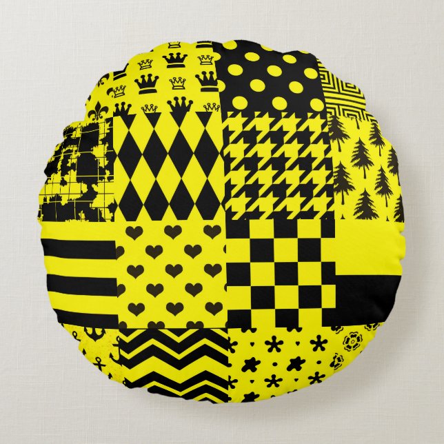 Yellow Black Mixed Patterns Patchwork Design  Round Pillow (Front)
