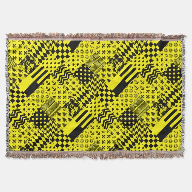 Yellow Black Mixed Patterns Patchwork Design  Throw Blanket (Front)