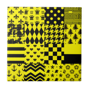 Yellow Black Mixed Patterns Patchwork Design Tile