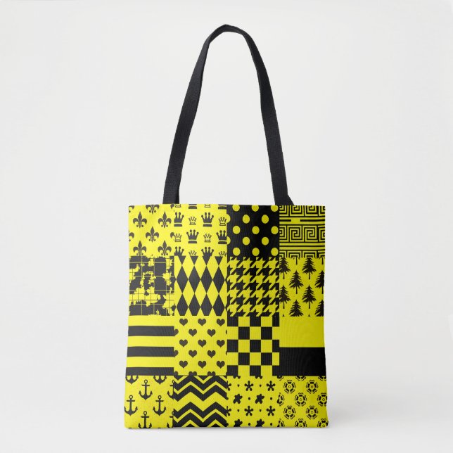 Yellow Black Mixed Patterns Patchwork Design  Tote Bag (Front)