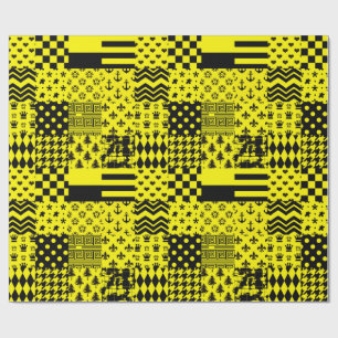 Yellow Black Mixed Patterns Patchwork Design Wrapping Paper
