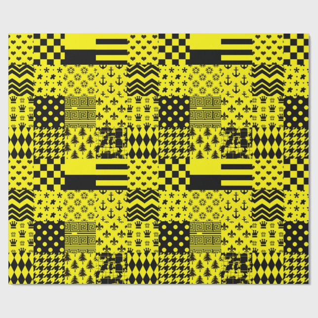 Yellow Black Mixed Patterns Patchwork Design  Wrapping Paper (Flat)
