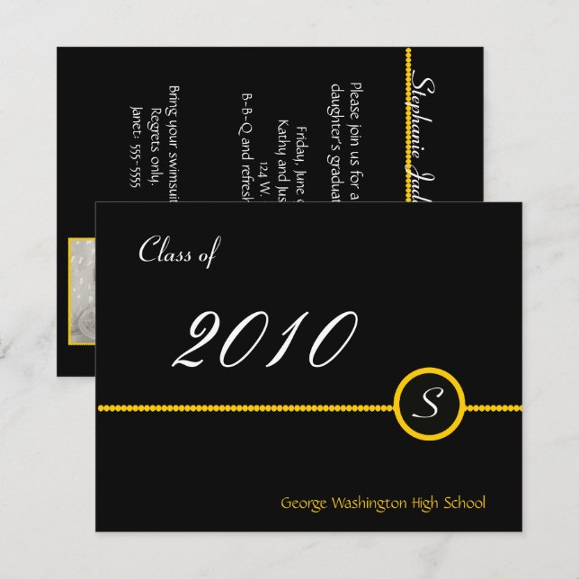 Yellow & Black Monogram Grad Photo Invitation (Front/Back)