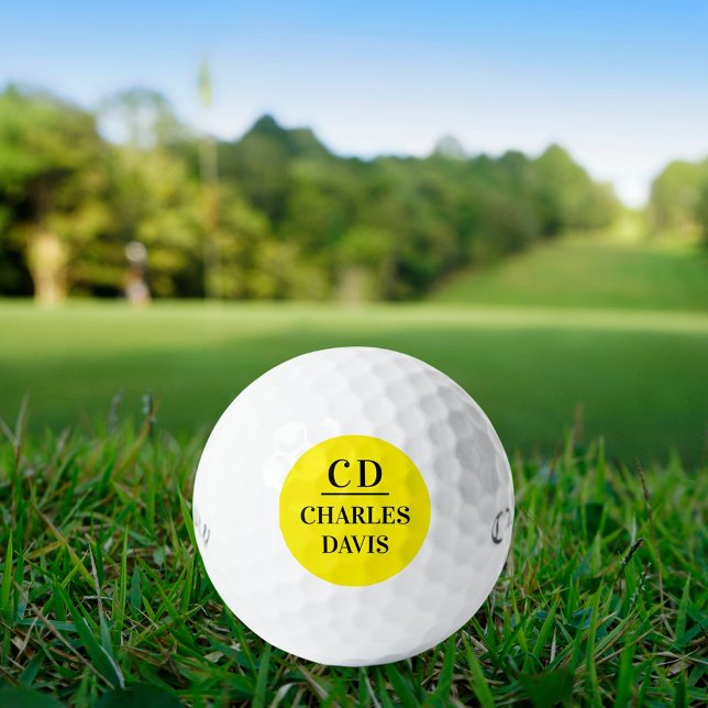 Yellow black monogram initials minimalist name golf balls (Creator Uploaded)