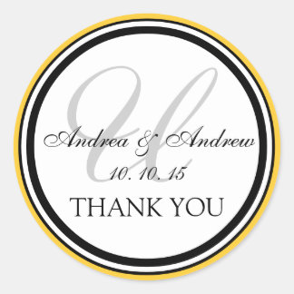 Yellow Black Monogram U Wedding Thank You Classic Round Sticker