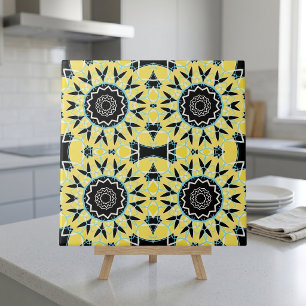 Yellow Black Mosaic Geometric Mandala Pattern Tile