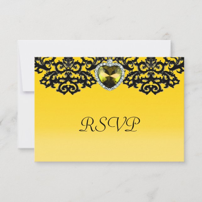 Yellow & Black Ornate Heart Pendant Wedding RSVP Card (Front)
