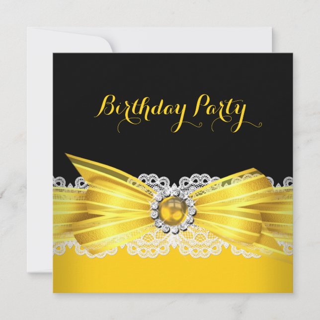 Yellow Black Pearl Diamond Lace Birthday Party Invitation (Front)