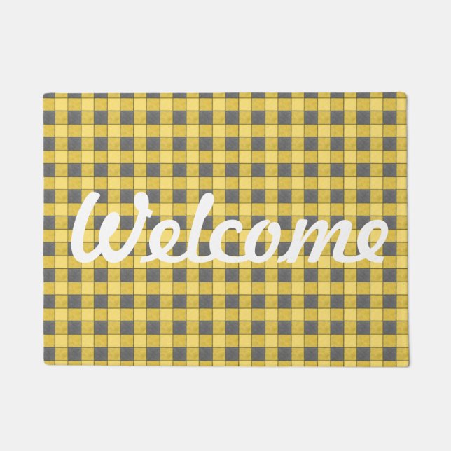 Yellow Black Plaid Check Welcome Mat (Front)