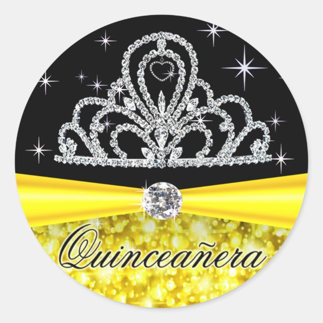 Yellow Black Princess Tiara Quinceanera Bling Classic Round Sticker (Front)