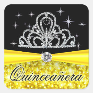 Yellow Black Princess Tiara Quinceanera Bling Square Sticker