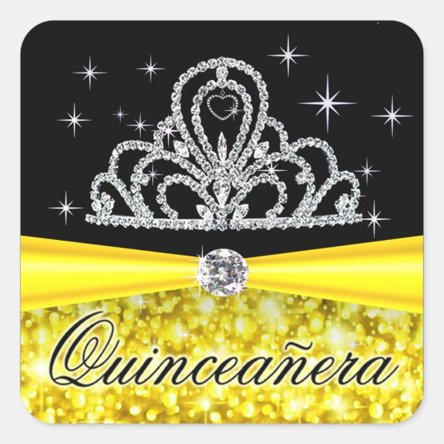 Yellow Black Princess Tiara Quinceanera Bling Square Sticker (Front)