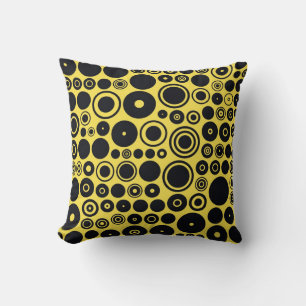 Yellow, Black Retro Circles Throw Pillow