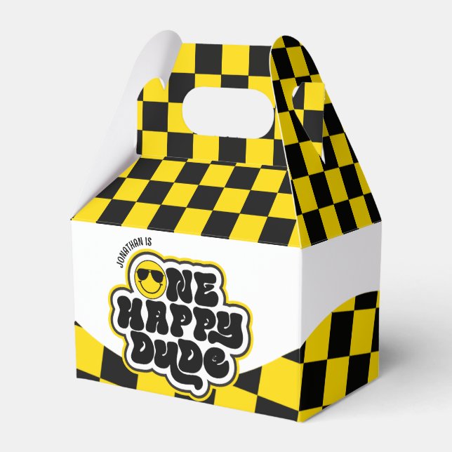 Yellow Black Retro One Happy Dude 1st Birthday Favor Box (Front Side)