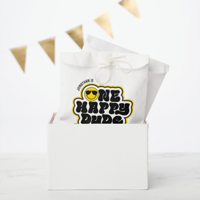Yellow Black Retro One Happy Dude 1st Birthday Favour Bag (Party)
