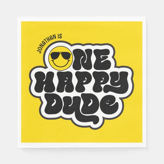 Yellow Black Retro One Happy Dude 1st Birthday Napkin (Front)