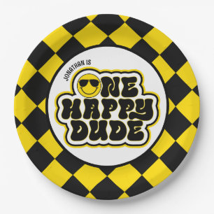 Yellow Black Retro One Happy Dude 1st Birthday Paper Plate