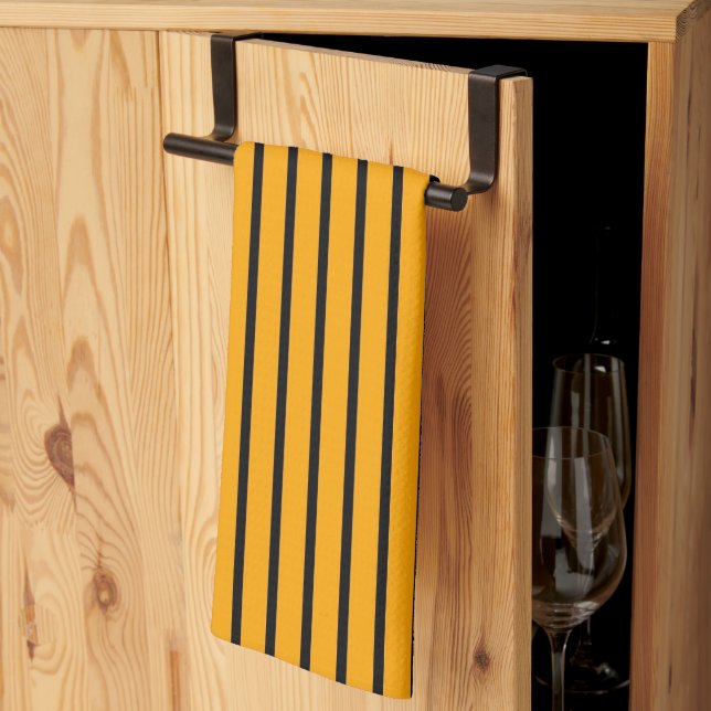 Yellow Black Retro Stripe Pattern Kitchen Towel (Thirds Fold)