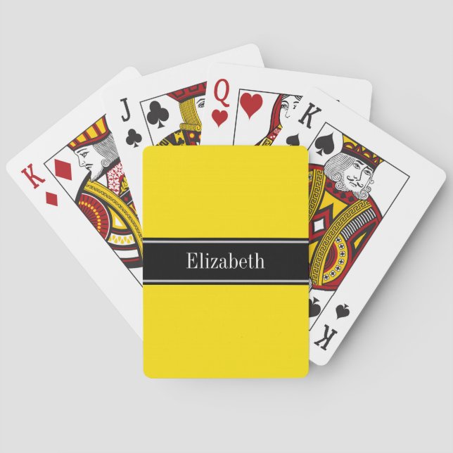 Yellow, Black Ribbon Name Monogram Playing Cards (Back)