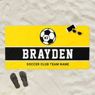 Yellow Black Soccer Player Custom Name Beach Towel