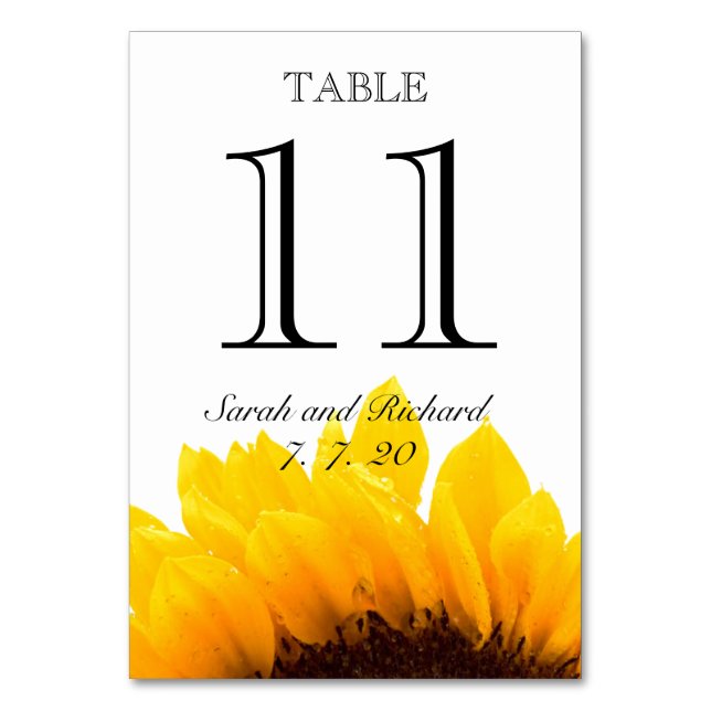 Yellow Black Sunflower Wedding Table Number Card (Front)