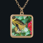 Yellow Black Swallowtail Butterfly Dream Script Gold Plated Necklace<br><div class="desc">A close-up photo of a delicate, yellow and black butterfly resting on a bright red flower. "Dream" of a warm, sunny day whenever you wear this stunning, colourful photography charm necklace. This necklace comes in small, medium and large sizes, as well as both square and circle shapes. You can order...</div>