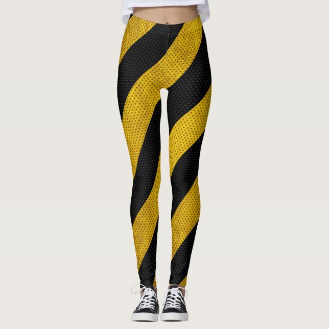 Yellow Black Traffic Caution Stripes Leggings (Front)