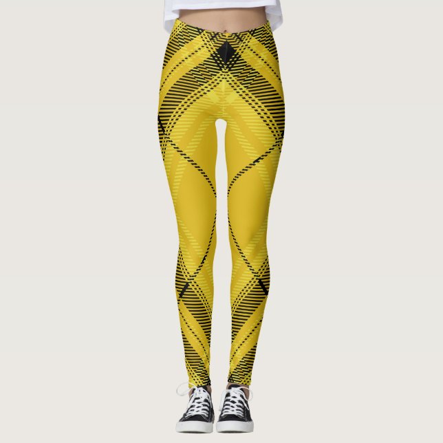 Yellow Black Trendy Diagonal Tartan Plaid Leggings (Front)
