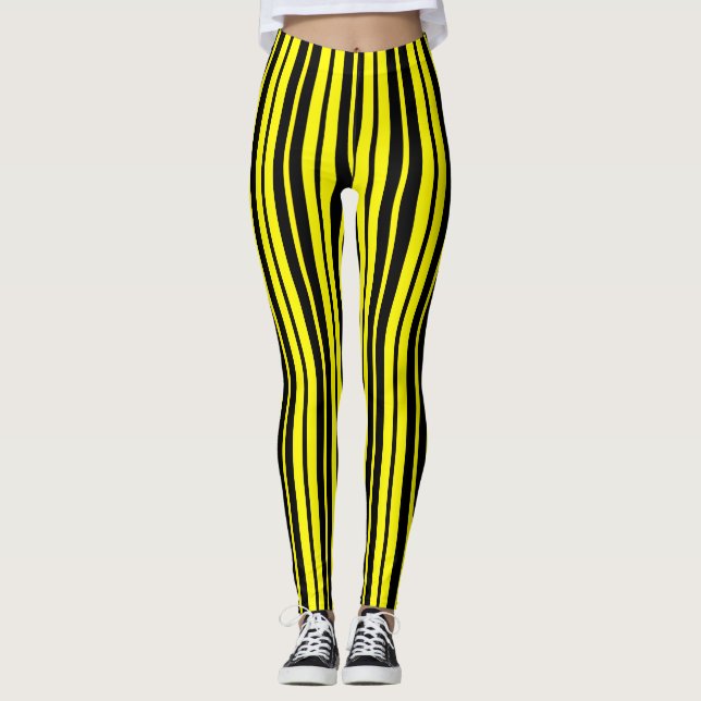 Yellow Black Vertical Stripes Pattern Leggings (Front)