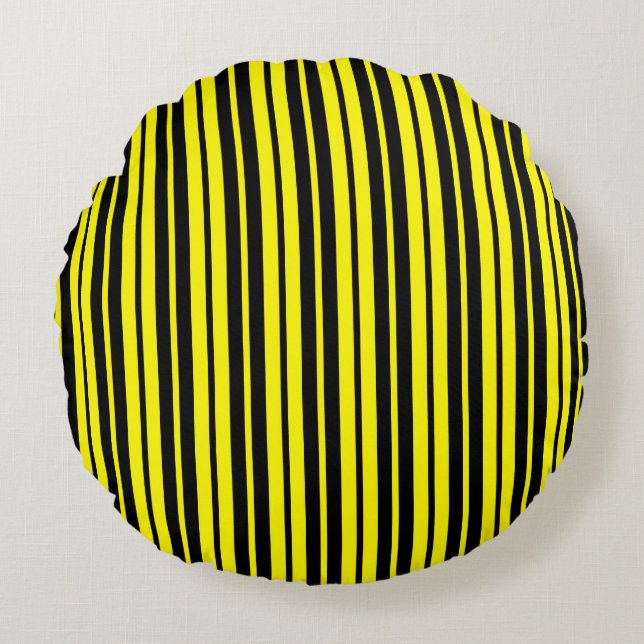Yellow Black Vertical Stripes Pattern Round Pillow (Front)