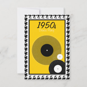 Yellow,, black, white and chequered 1950s theme RSVP card