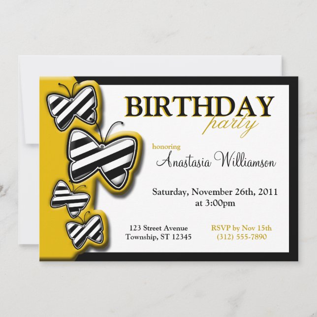 Yellow Black & White Butterfly Birthday Invites (Front)