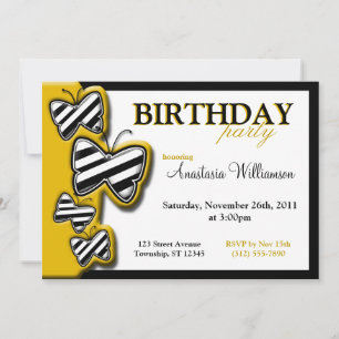 Yellow Black & White Butterfly Birthday Invites