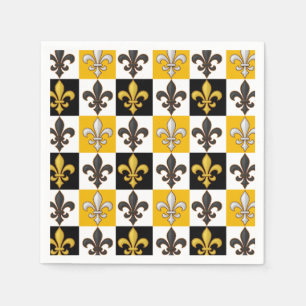 Yellow Black White Checkered Fleur-de-lis Design  Napkin