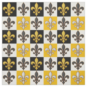 Yellow Black White Chequered Fleur-de-lis Design  Fabric