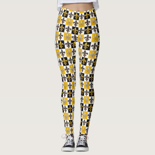 Yellow Black White Chequered Fleur-de-lis Design Leggings