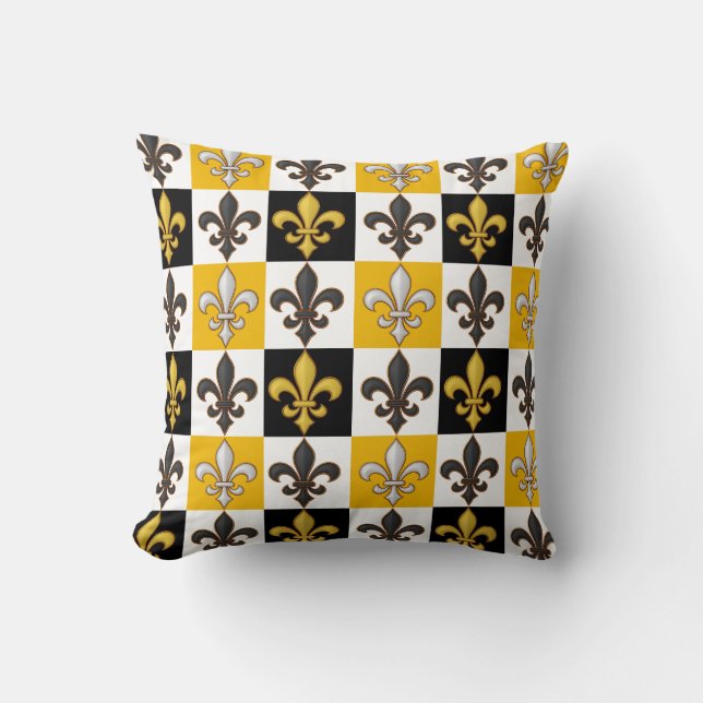 Yellow Black White Chequered Fleur-de-lis Design  Throw Pillow (Front)