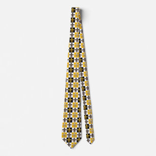Yellow Black White Chequered Fleur-de-lis Design Tie