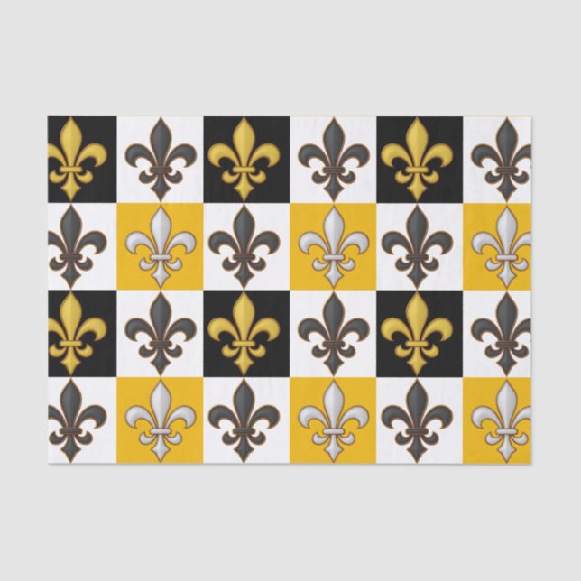 Yellow Black White Chequered Fleur-de-lis Design  Tissue Paper (Front)