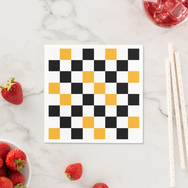 Yellow Black White Chequered Pattern Design  Napkin (Insitu)