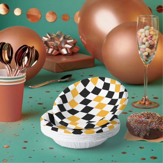 Yellow Black White Chequered Pattern Design  Paper Plate (Multi)