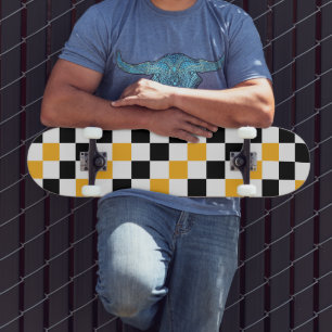 Yellow Black White Chequered Pattern Design Skateboard