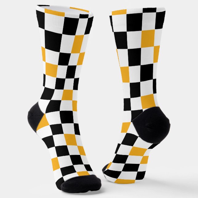 Yellow Black White Chequered Pattern Design  Socks (Angled)