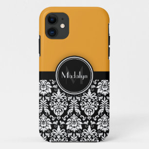 Yellow Black White Damask Monogram Letter iPhone 11 Case