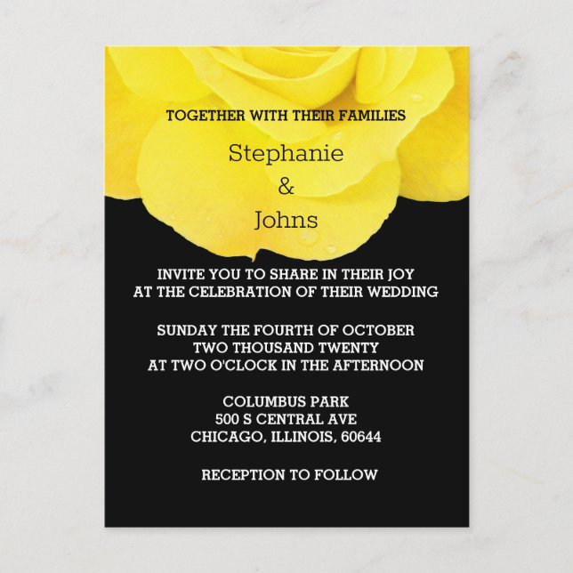 Yellow Black White Floral Rose Simple Wedding  Invitation Postcard (Front)