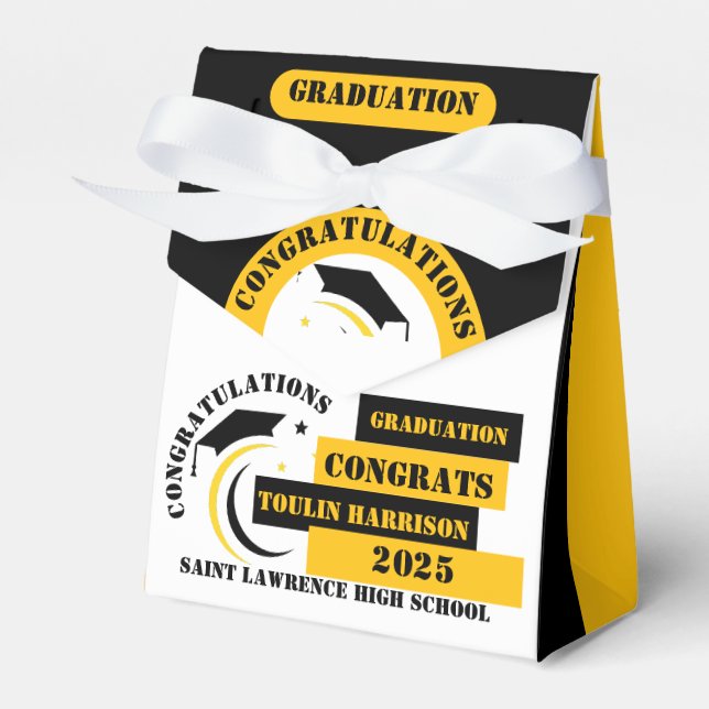 Yellow Black White Graduation 2025 Custom Party Favor Box (Front Side)