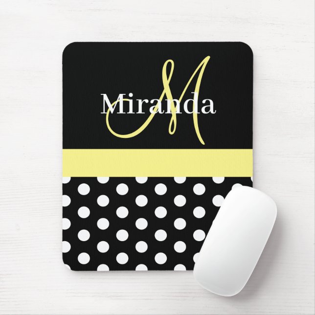 Yellow Black White Polka Dot Monogram Mouse Pad (With Mouse)