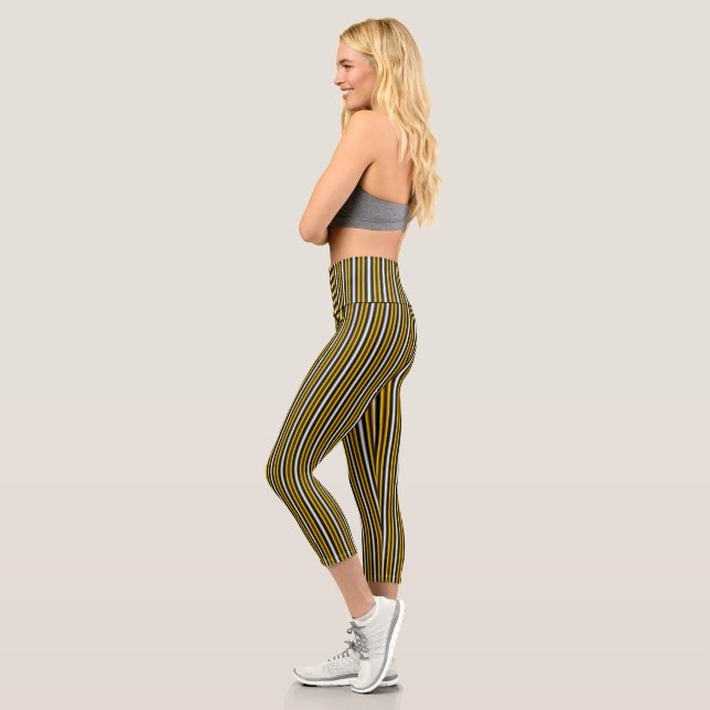 Yellow Black White Rainbow Stripes Capri Leggings (Left)